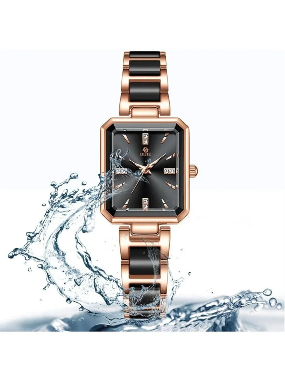 Women's Black Vintage Rectangular Dial Stylish Bracelet Waterproof Wrist Watch